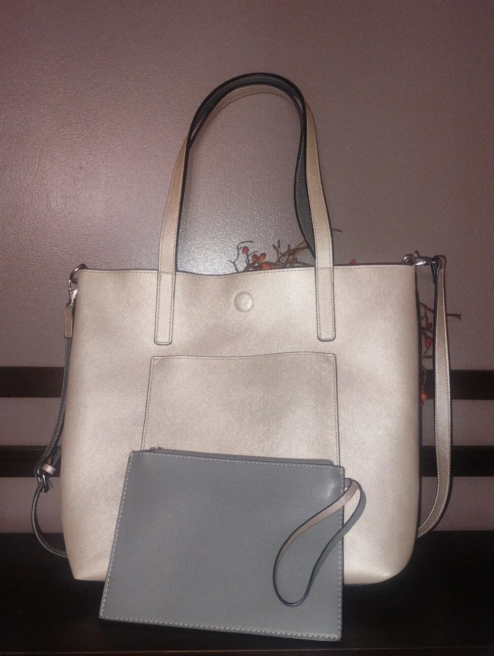 Champagne & Gray Tote with Crossbody Strap NWOT